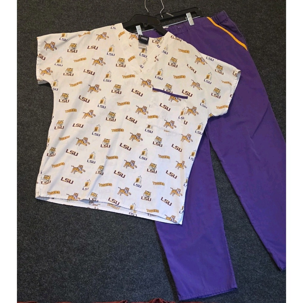 DUDZ purple & yellow Female Scrub Set TOP BOTTOM LSU TIGERS GEAUX TIGERS Sz S